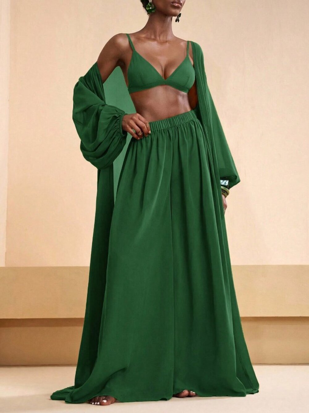 Green Women's Pleated Robe And Wide Leg Pants Set